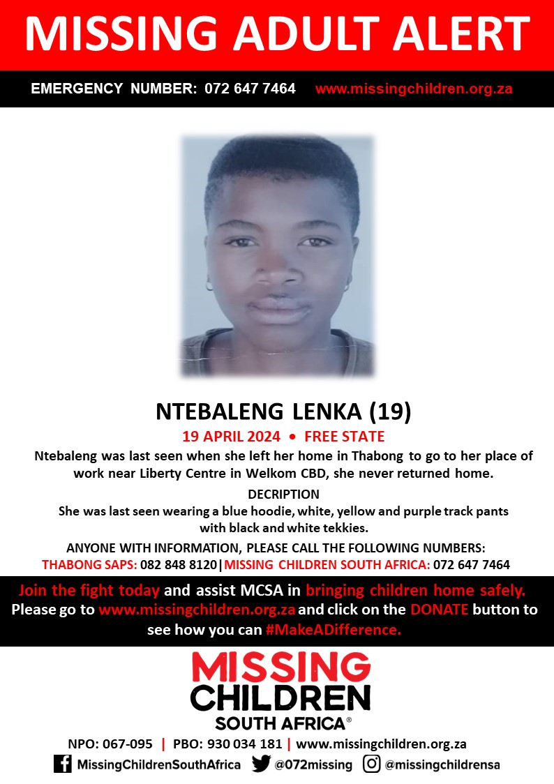 #MCSAMissing Ntebaleng Lenka (19) was last seen 19 April 2024 If you personally, or your company | or your place of work, would like to make a donation to #MCSA, please click here to donate: missingchildren.org.za/page/donate
