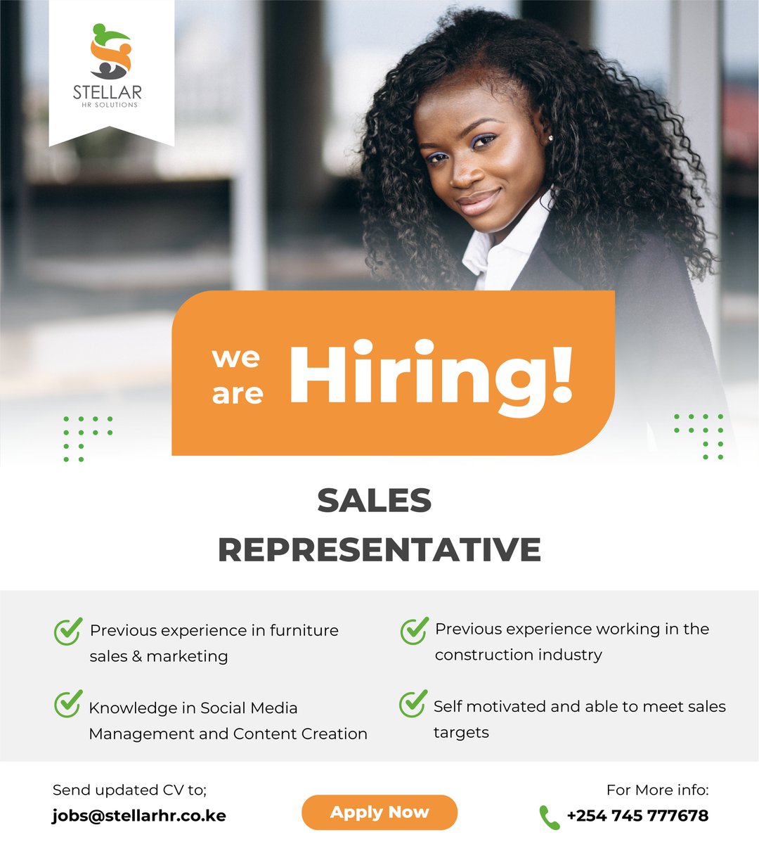 #WeAreHiring 
Our client in the interior design industry is seeking to acquire a sales representative.

You can apply via;
jobs@stellarhr.co.ke
#ikokazike #jobopportunity