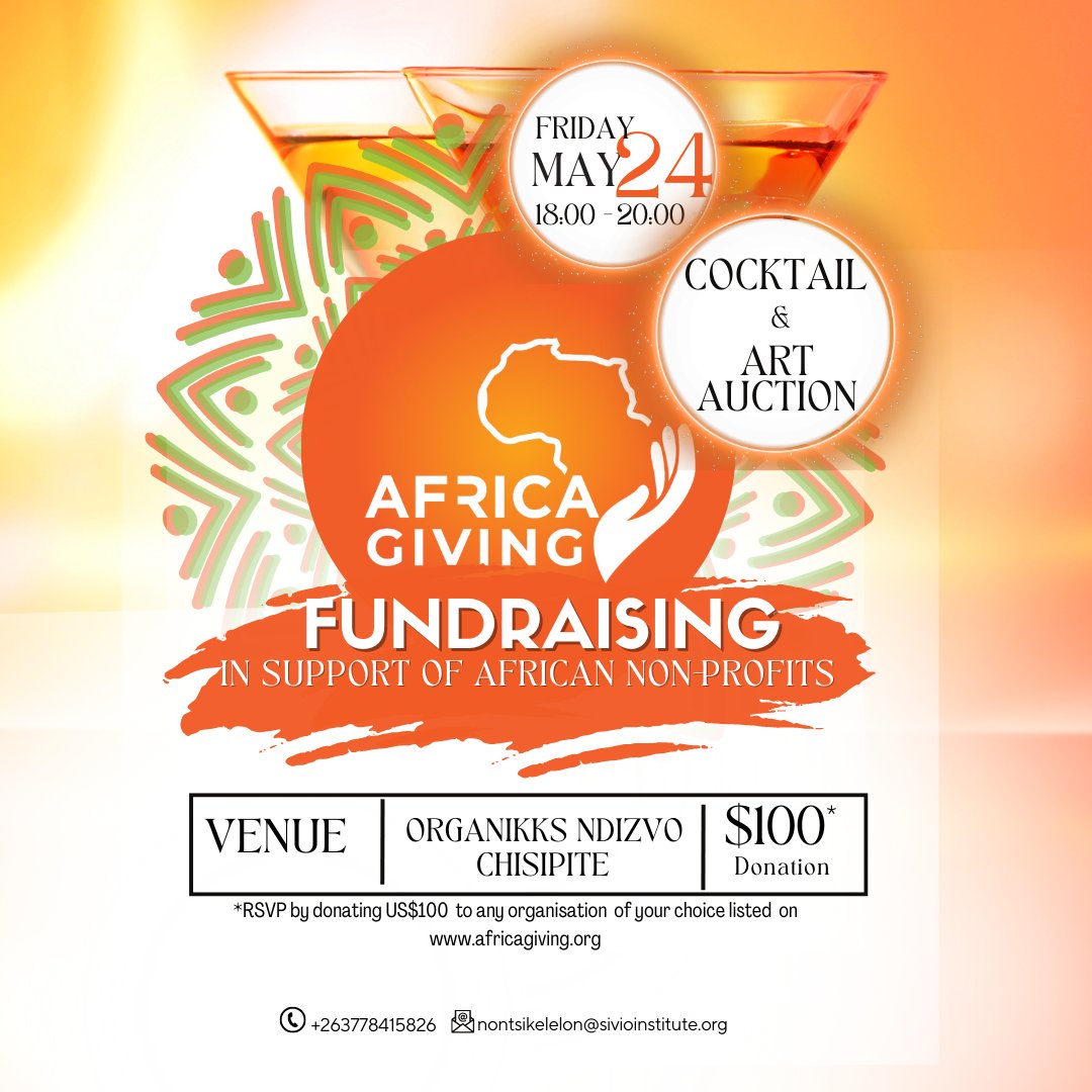 Join the Africa Giving campaign and be part of the 100 people giving $100 towards non-profits in Africa. Your donation will save you a seat at our Africa Day celebration of givers, a night of networking and art. Donate today at africagiving.org or contact +263778415826.