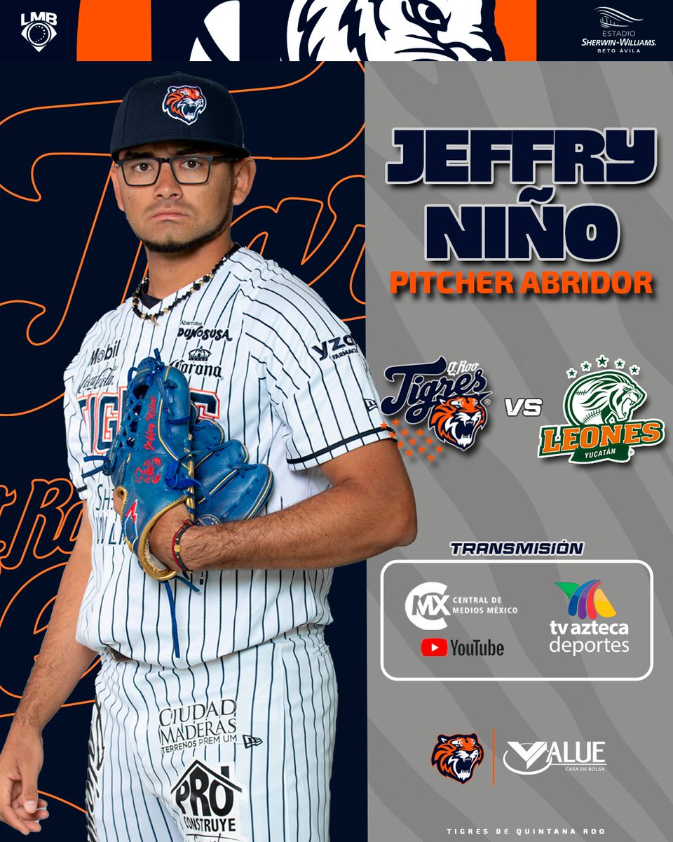 ¡Jeffry Niño sube a la loma por nuestros Tigres para el primero del Clásico de Fieras! 💪🏻 🏟️ Victor Cervera Pacheco 🆚 @leonesdeyucatan 🕛 9:05 pm (Hora de Q. Roo) 8:05 pm (Hora local) Presentado por @ValueGF #TodosSomosTigres