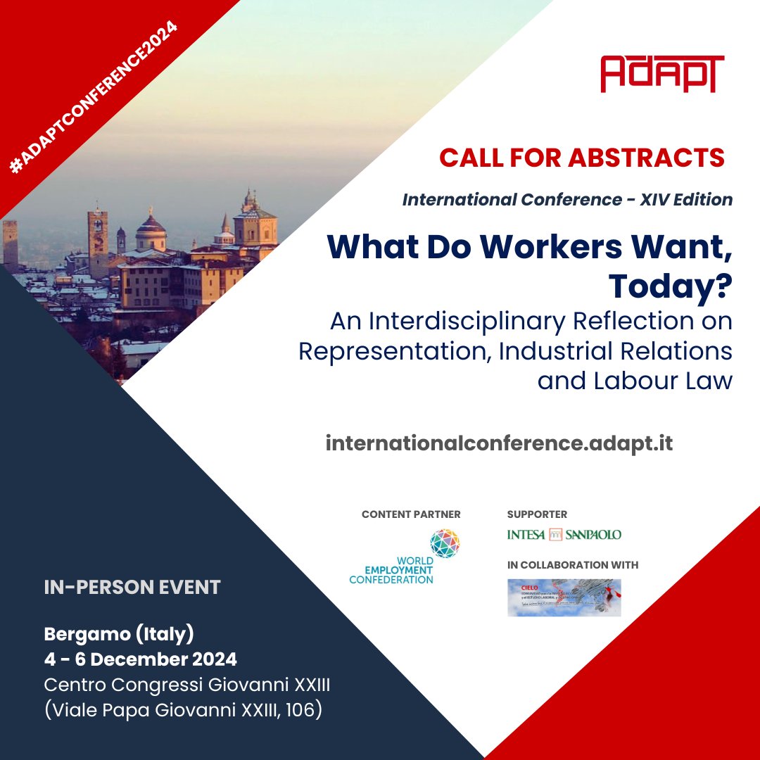 🔴#ADAPTConference2024 'WHAT DO WORKERS WANT, TODAY?' Check out the #CallforAbstracts (EN-ES-IT) and join us: internationalconference.adapt.it/call-for-abstr…
⏳Deadline for submitting abstracts: 31 May
✍️ Participation in the conference is free, though registration is required: internationalconference.adapt.it/registration/