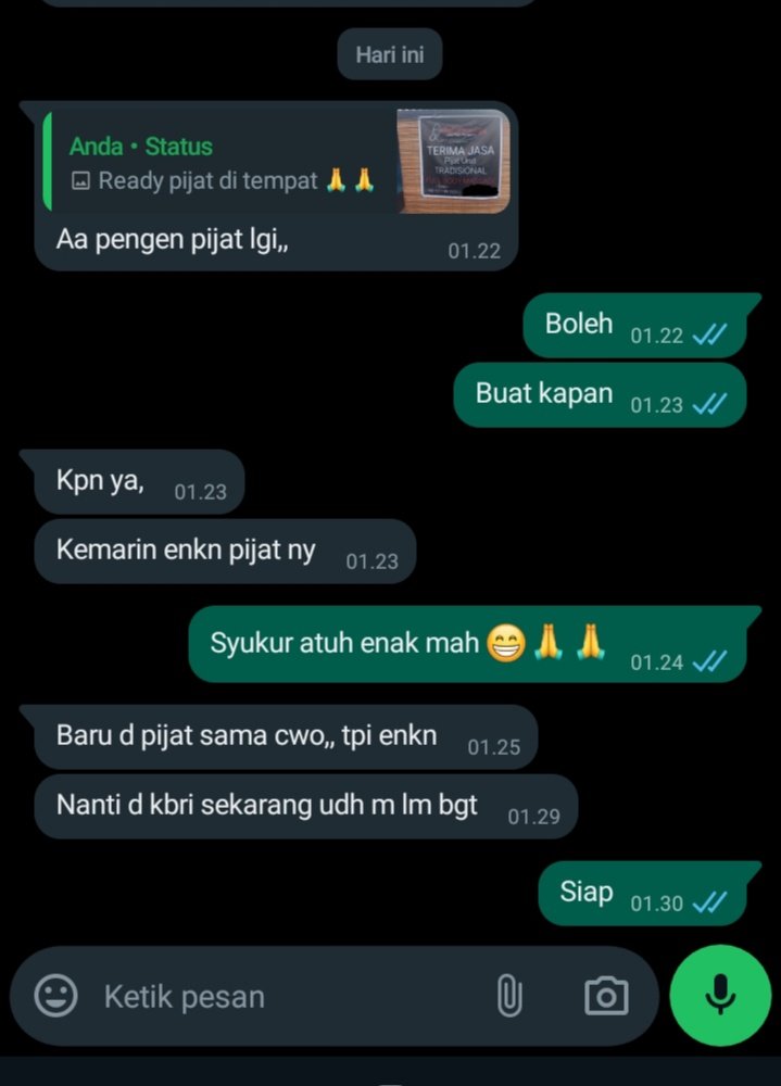 Makasih untuk testi nya, buat yg udh langganan buat pijat jam brapa pun siap kok, tengah mlm juga bisa 😋✌️🙏
#karawang 
#pijatcikampek
#pijatkarawang 
#pijatcikarang 
#pijatvitalitas 
#pijatplusplus 
#Sugarmommy
#pijatkhususpria 
#massagekarawang 
#pijatfullbodykarawang