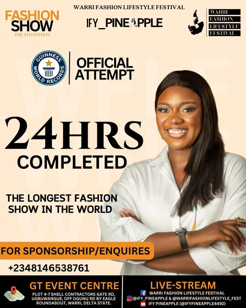 realkingss's tweet photo. Just saw on IG that @ify_pineapple is attempting to set a new GWR for the longest fashion show in the world and it’s happening in Lagos 

It started yesterday and it will last till Friday 26th, she needs all the support 🙌

#ifypineapple #longestfashionshow #GuinnessWorldRecord https://t.co/DdaXcTAXKN