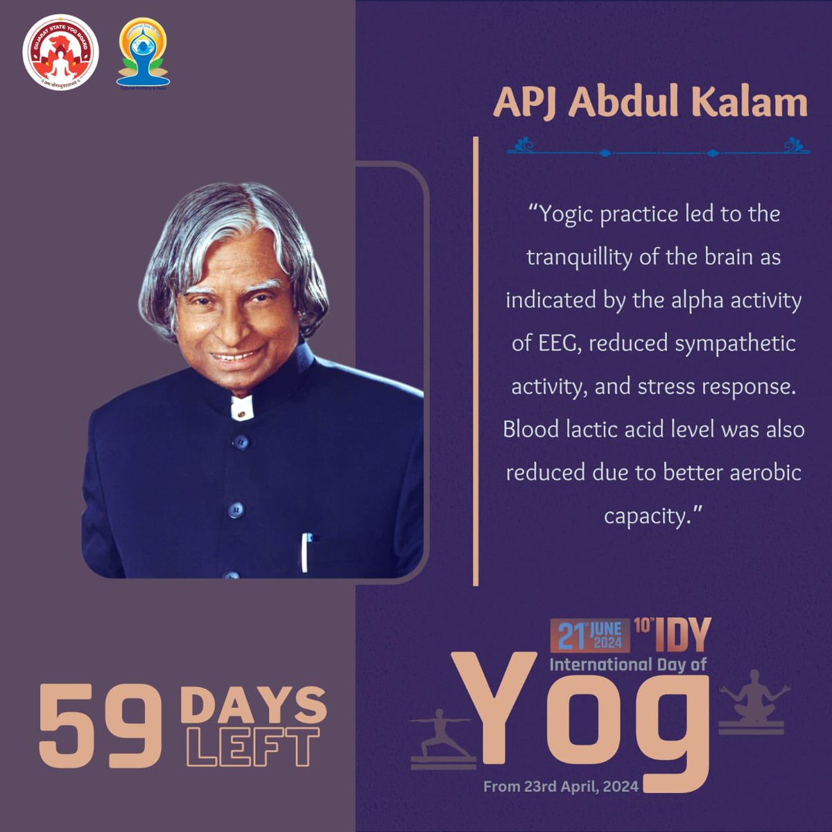 “Yogic practice led to the tranquillity of the brain as indicated by the alpha activity of EEG, reduced sympathetic activity, and stress response. Blood lactic acid level was also reduced due to better aerobic capacity.” - Dr. APJ Abdul Kalam sir #GujaratStateYogBoard #Yogmay