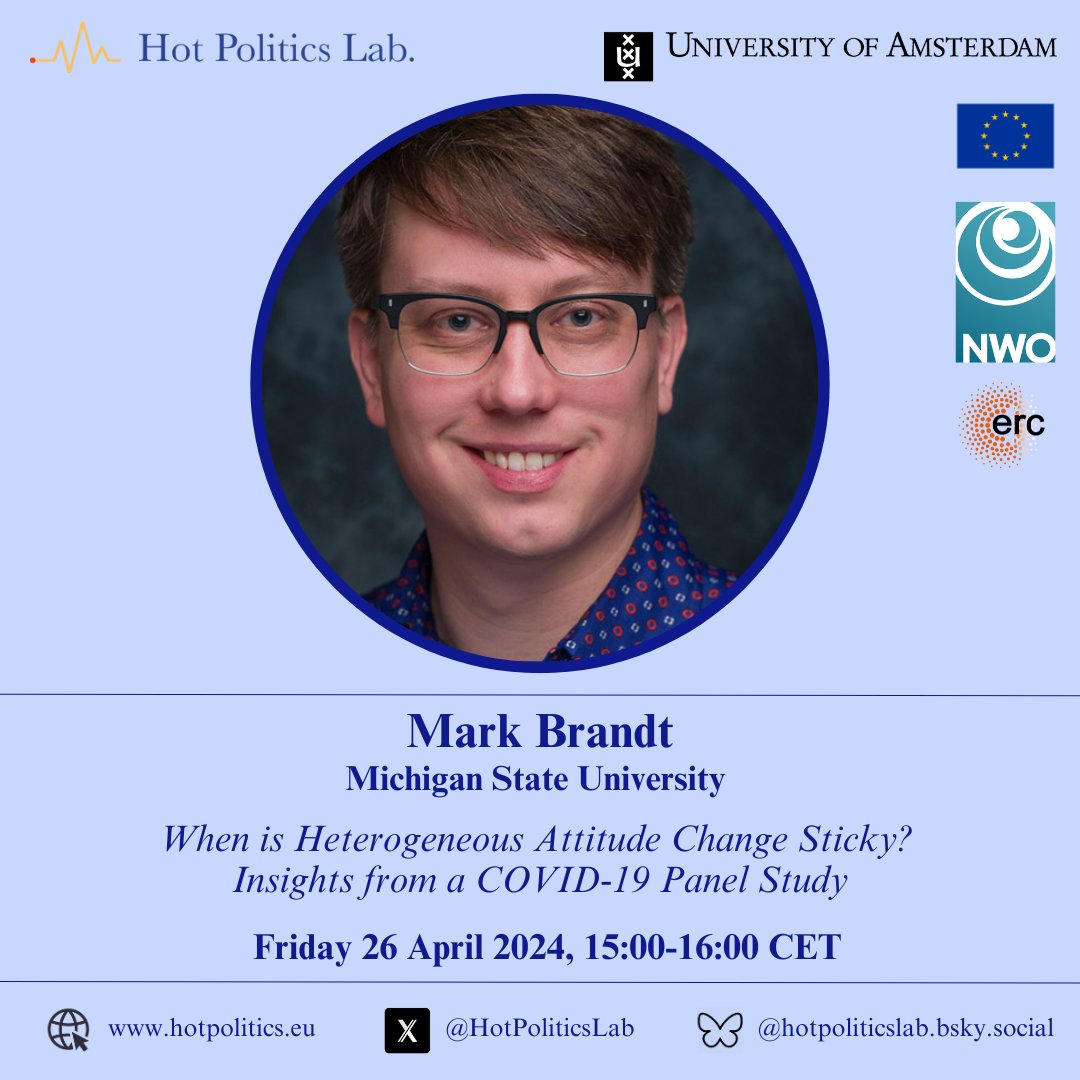 This Friday (26.04) we're back in the #HotPoliticsLab with a presentation by Mark Brandt (@mjbsp). Join us for his talk on heterogeneous attitude change in the Common Room (REC-B9.22) or online via teams.microsoft.com/dl/launcher/la…