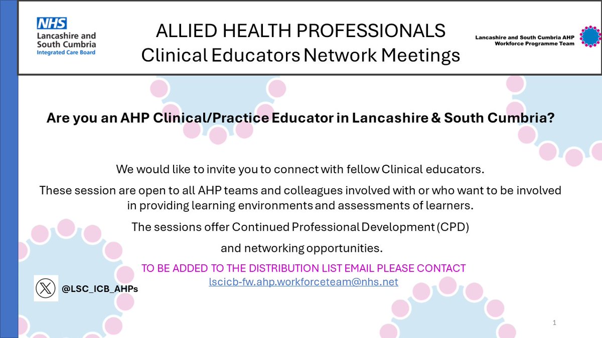 <a href="/LSC_ICB_AHPs/">LSC_ICB_AHPWorkforceteam</a> are delighted to share the flyer for you to register for the Allied Health Professionals Clinical Educators Network Meetings 📢#comealong #joinin #ahps #LSCtogether #learning #network #telleveryone #AHPsDeliver