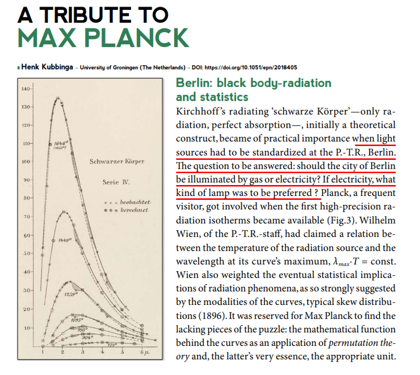 Max Planck's birthday today is a good time to repost Henk Kubbinga's @EuroPhysicsNews tribute to Max Planck describing how understanding blackbody radiation was linked to the practical question of lighting Berlin! QM has been practical since its origins! europhysicsnews.org/articles/epn/p…