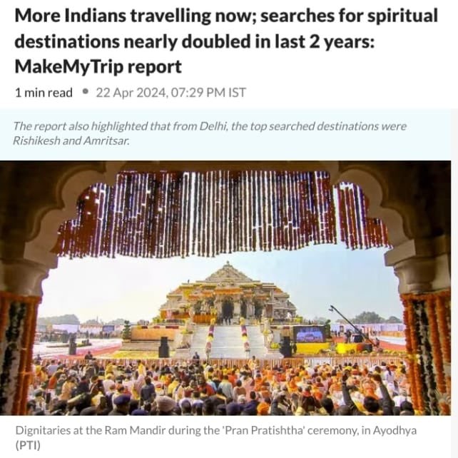 According to MakeMyTrip India Travel Trends Report, domestic tourism centred around spiritual destinations are at an all time high.

Web searches for the following destinations have increased in 2023 compared to 2022 —
Ayodhya: 585% ⬆️
Ujjain: 359% ⬆️
Badrinath: 343% ⬆️

Similar…