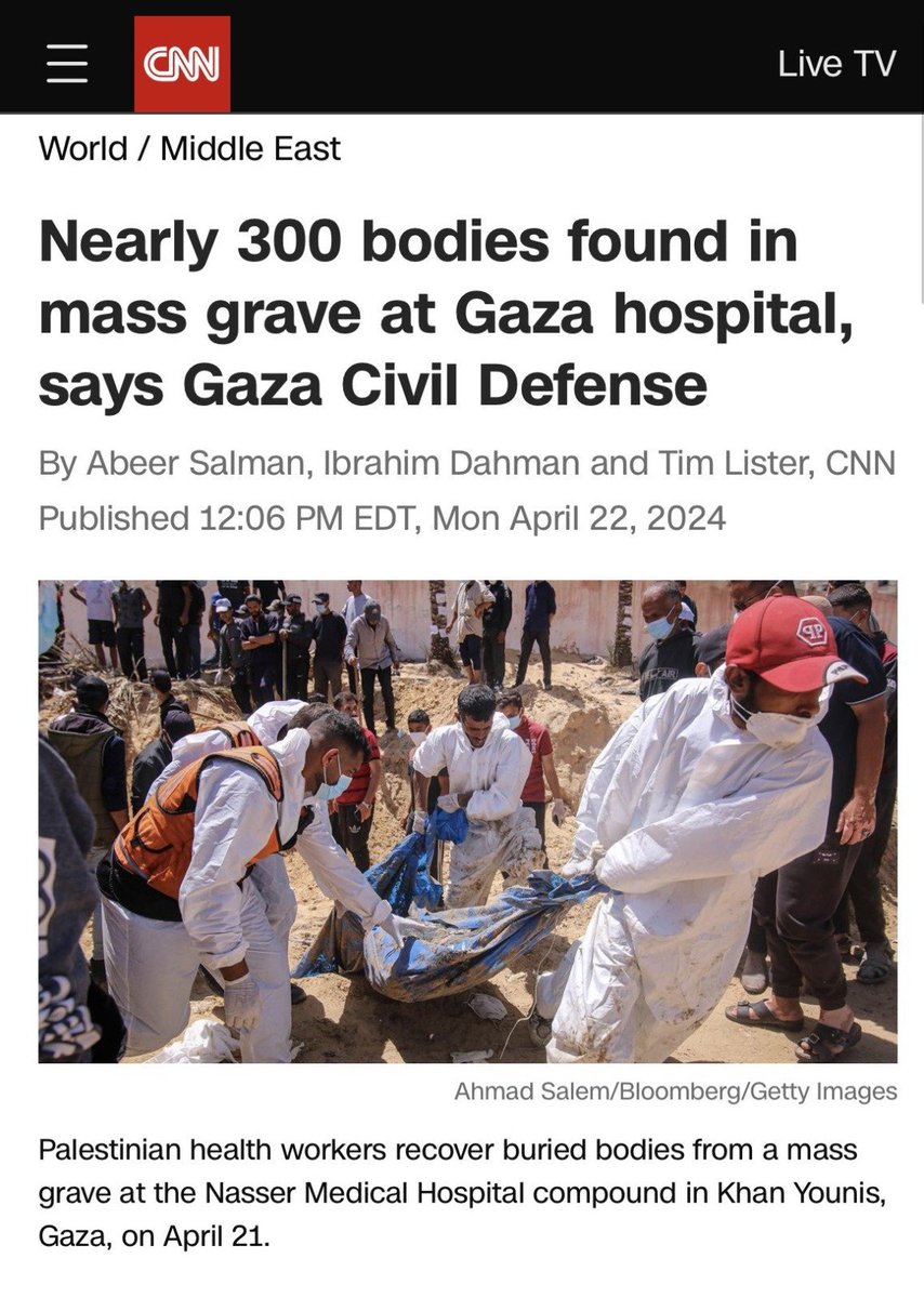 Περισσότερα από 300 πτώματα βρέθηκαν σε έναν ομαδικό τάφο στο Νοσοκομείο Nasser στη Γάζα, συμπεριλαμβανομένων παιδιών που εκτελέστηκαν με τα χέρια δεμένα πίσω από την πλάτη τους. Γινόμαστε μάρτυρες μιας γενοκτονίας και το Διεθνές Ποινικό Δικαστήριο δεν βρίσκεται πουθενά. #Gaza