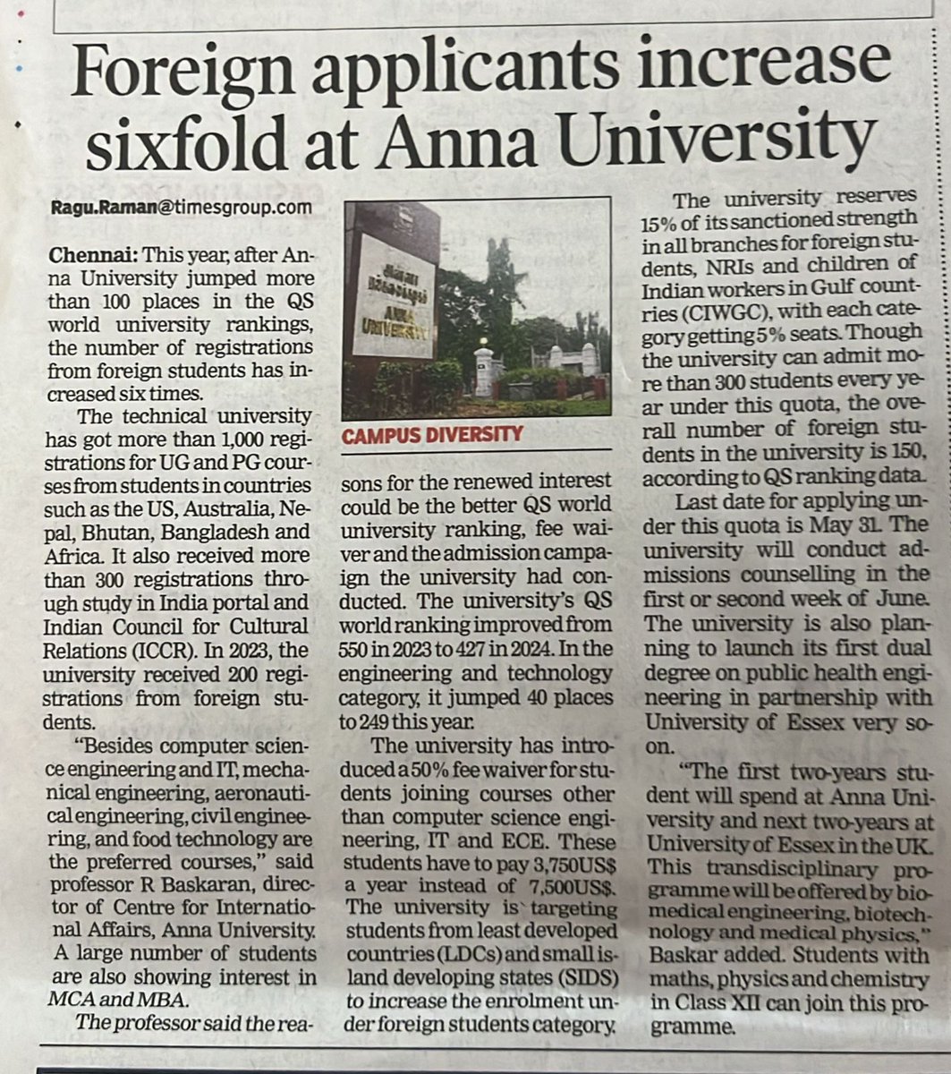 auvcochennai's tweet photo. #Admission registrations under #NRI/#CIWGC/#FN categories open for academic term 2024-25 at #AnnaUniversity until 31 May 24
Admission via #ICCR and #SII portals are also available. 
For details contact: admissions.cir@annauniv.edu WhatsApp: +91-9944152331

#TimesofIndia 23.04.24 https://t.co/VDT5MB5qs8