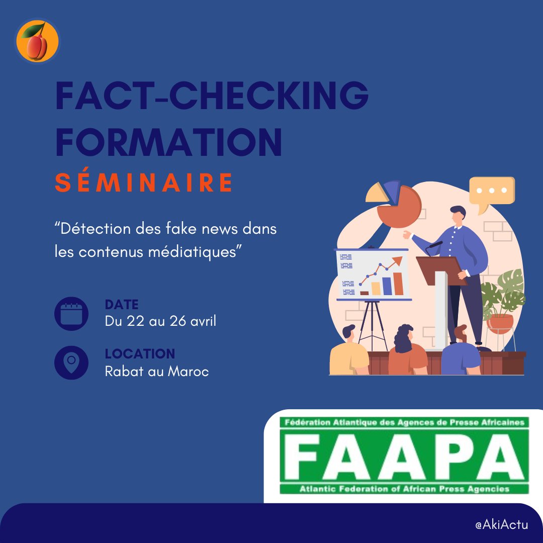 Du 22 au 26 avril 2024 au Centre Africain de  Formation des Journalistes (CAFJ) de #Rabat au #Maroc, un séminaire de  #formation sur le ‘’Fact-Checking‘ à lieu. 

Il regroupe 25 journalistes prêts à se former dans le domaine du #factchecking. Un séminaire pour s'armer contre les