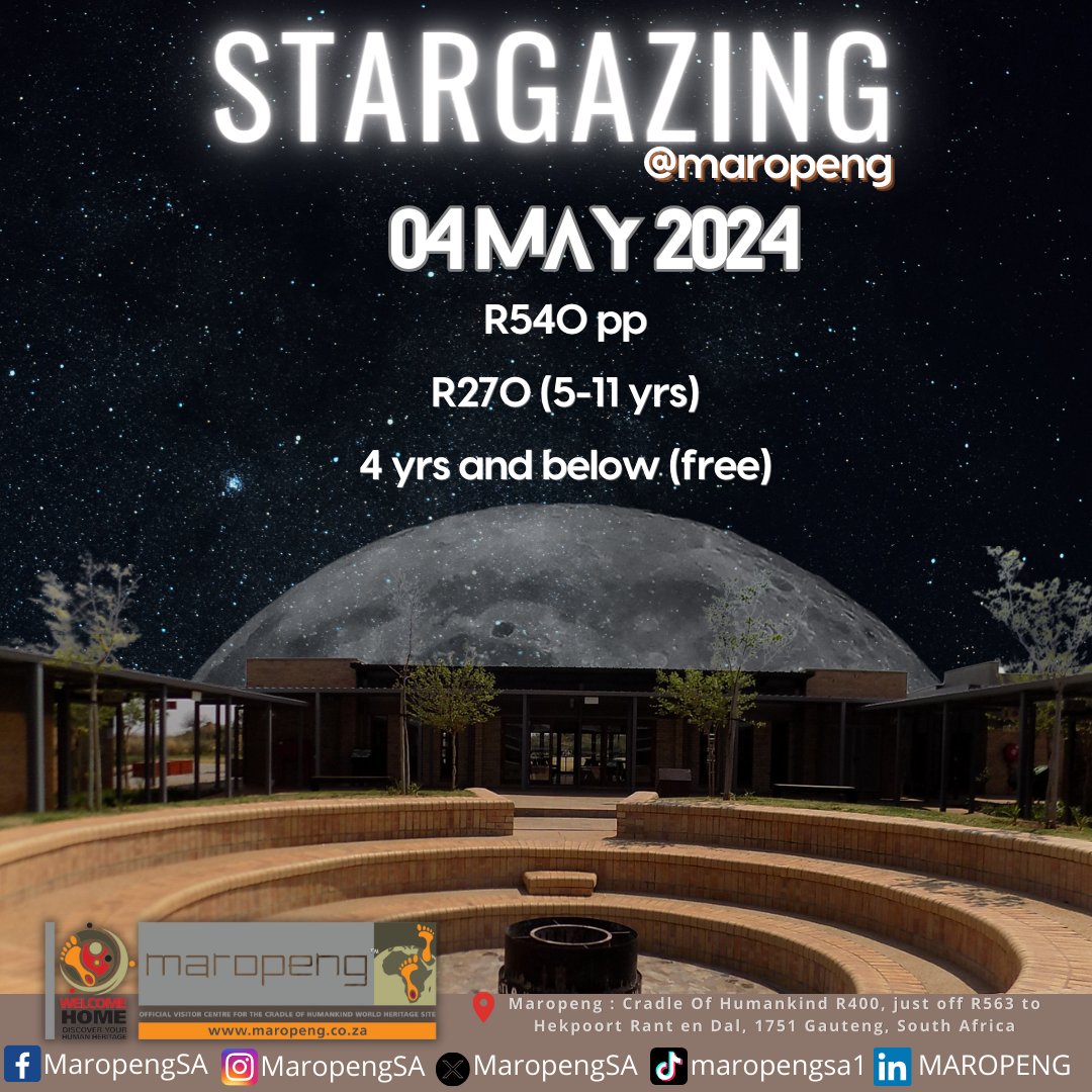 Join us under the cosmic canopy in May at #Maropeng! 🌌🔭 Experience #stargazing like never before with our fireside #astronomy talk at #HomininHouse. Book now: email karabom@maropeng.co.za OR Webtickets rb.gy/l5aw4 #CradleOfHumankind #DateNightIdeas #Starry