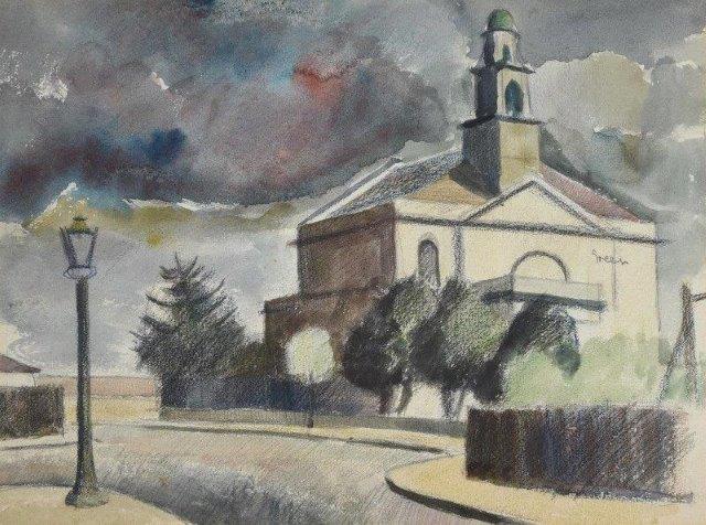 I thought I'd start today with one that I haven't shown for a very long time indeed! This is a sketch of 'St Mary's, Wanstead' by Elwin Hawthorne from 1938. The finished oil that was derived from this sketch was shown as 'Wanstead' in his one-man show at Lefevre that same year.