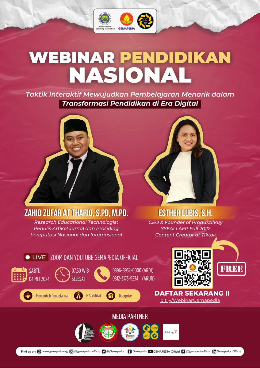 gemapedia_'s tweet photo. GEMAPEDIA Universitas Negeri Malang Proudly Presents : Webinar Pendidikan Nasional 2024

Halo sobat AUM🦁! 

Webinar yang sudah kita tunggu-tunggu kembali hadir nih, segera daftarkan diri kalian!
Kuota terbatas! 

PENDAFTARAN 
21 April - 02 Mei 2024
https://t.co/DUoyB4EQGk https://t.co/BTPRcbgoK4