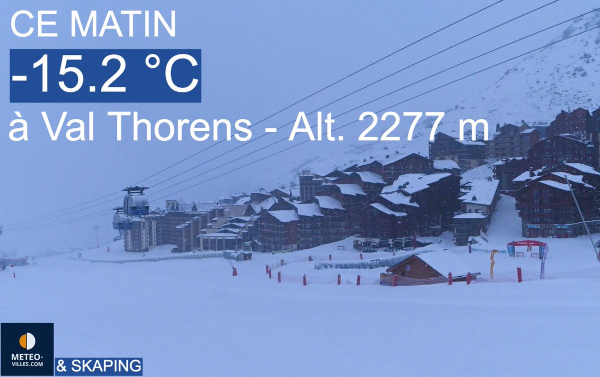 🥶🌡️Ce matin, les températures sont descendues très bas dans certaines stations alpines :
➡️-15.2 °C à Val Thorens - alt. 2277m  
➡️-11.1 °C à Tignes (73) - alt. 2084m 
➡️-10.2 °C à Flaine (74) - alt. 1611m