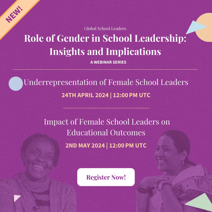 Join @gschoolleaders to explore the impact of female school leadership & strategies to enhance gender equity. The webinar series “Role of Gender in School Leadership: Insights and Implications,” will be held on April 24th & May 2nd, 12:00 PM UTC #genderequity #schoolleadership