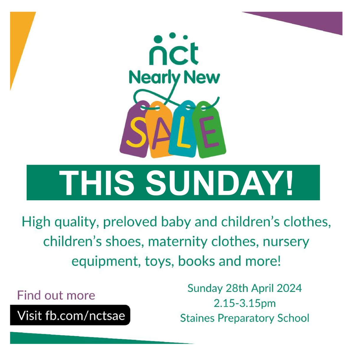 We are pleased to announce that the next NCT Nearly New Sale will take place at Staines Prep School this Sunday at 2.15pm. @NCT_SAE