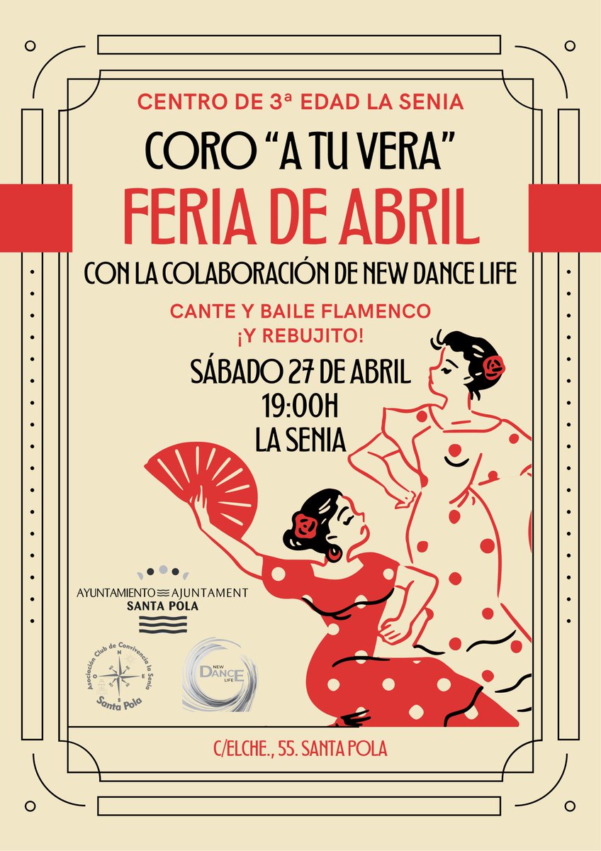 💃🏿 Este sábado 27 de abril FERIA DE ABRIL en #santaPola vente vestida de flamenca/o y prepara el cuerpo, porque vamos a bailar ¡Olé! 👏🏽👏🏽
➡️ Entrada libre hasta completar aforo    
#SantaPola #DestinoSantaPola #CostaBlanca