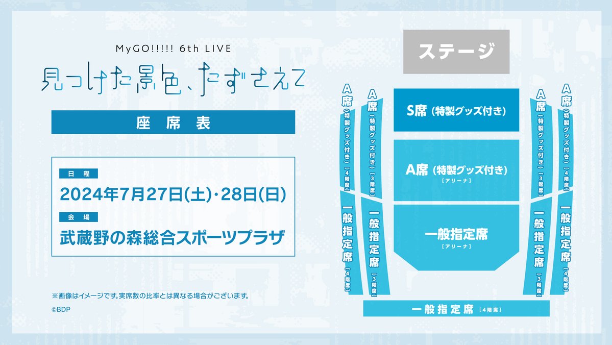 【ライブ情報】 7月27日(土)・28日(日)開催 MyGO!!!!! 6th LIVE 「見つけた景色、たずさえて」 会場の座席イメージ図を公開しました。 5月6日(月･祝)までチケット最速先行抽選申込を受付中です。 たくさんのご応募、お待ちしています。 詳細はこちら bang-dream.com/events/mygo_6th #バンドリ #MyGO