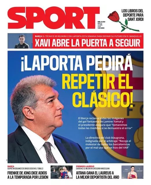 Today's 🇪🇸⚽ frontpages: 🗞️ Marca: 'Prizewinners in Madrid' 🗞️ AS: 'Top class Laureus' 🗞️ Mundo Deportivo: 'Laporta, on the attack' 🗞️ Sport: 'Laporta will ask for the Clásico to be replayed!'