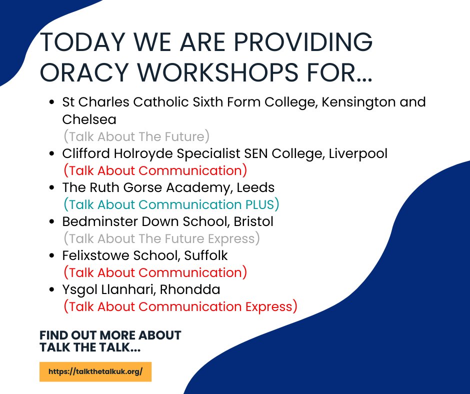 Our workshops today!

@StCharlesSFC @JPFoundation 
@gorse_ruth @LeedsTrinity 
@BdownSchool 
@FXS_School 
@YsgolLlanhari 
#oracy #confidentcommunication #lifeskills #education #talkthetalkuk #talkthetalk