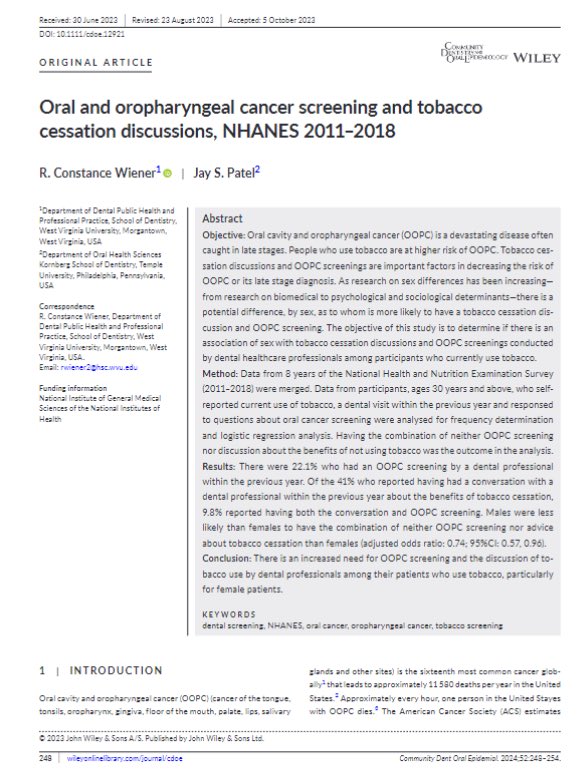 From our April issue Tobacco cessation discussions and oral and oropharyngeal cancer screening 2011-2018 onlinelibrary.wiley.com/doi/10.1111/cd… @WileyHealth #Dentistry