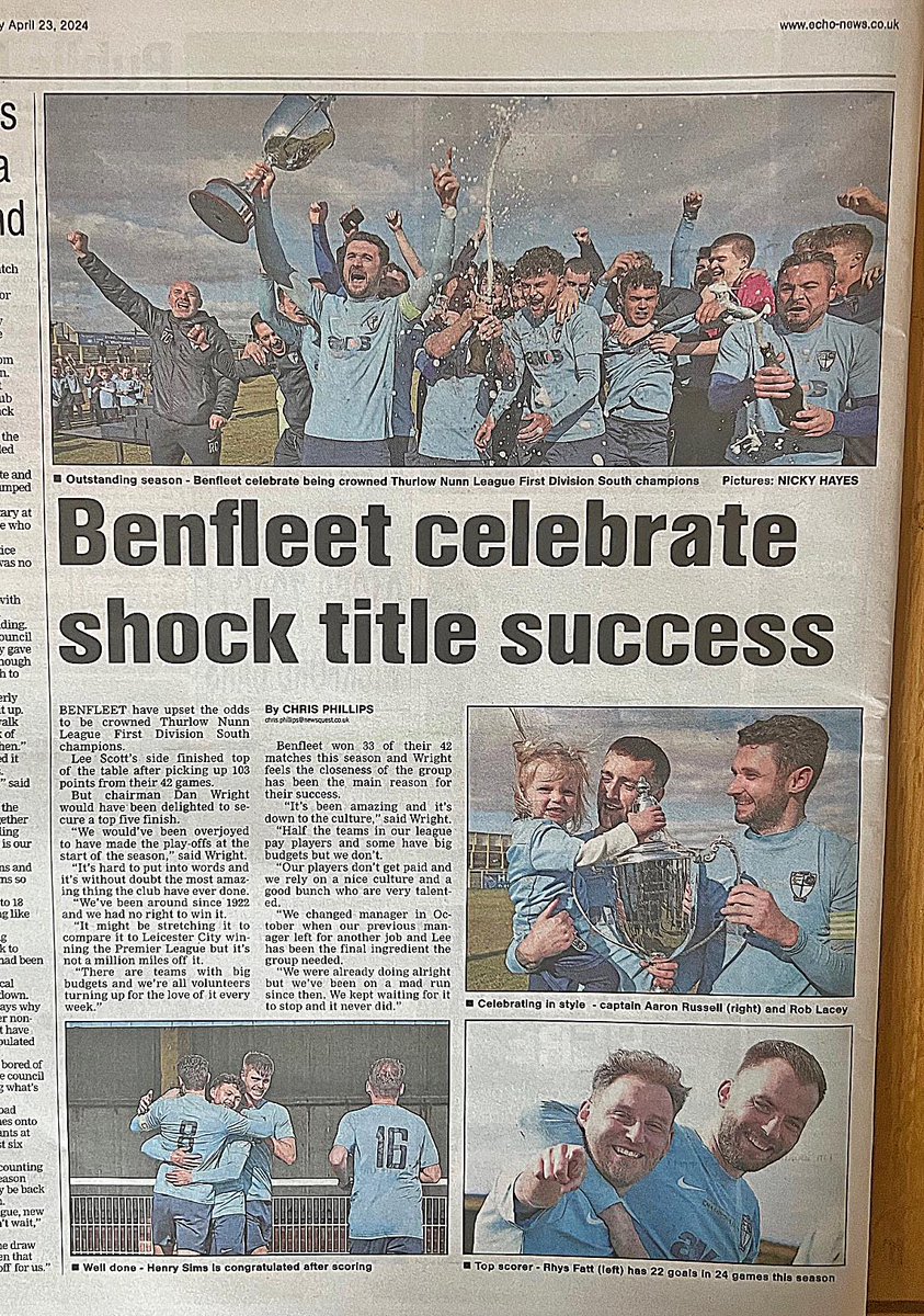 A Page Lead story in today's @Essex_Echo by @CJPhillips1982 on @Benfleet_FC's superb season culminating in winning the @ThurlowNunnL Division 1 South title. Well done to everybody concerned. #LovePhotographt