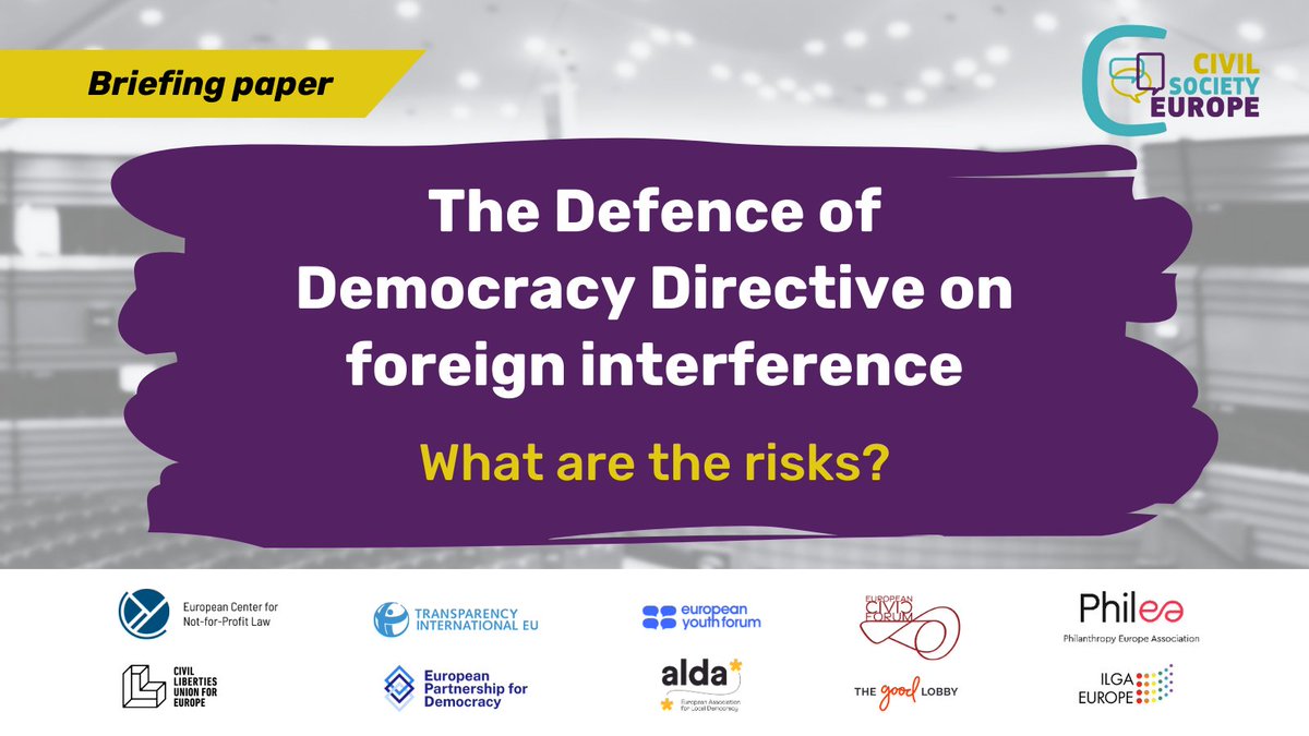 🚨 CSOs sound the alarm: The #DefenceofDemocracy Directive on foreign interference fails to address fundamental rights issues. Read our briefing paper to learn about the risks of this Directive 👉 bit.ly/3JxgvQp