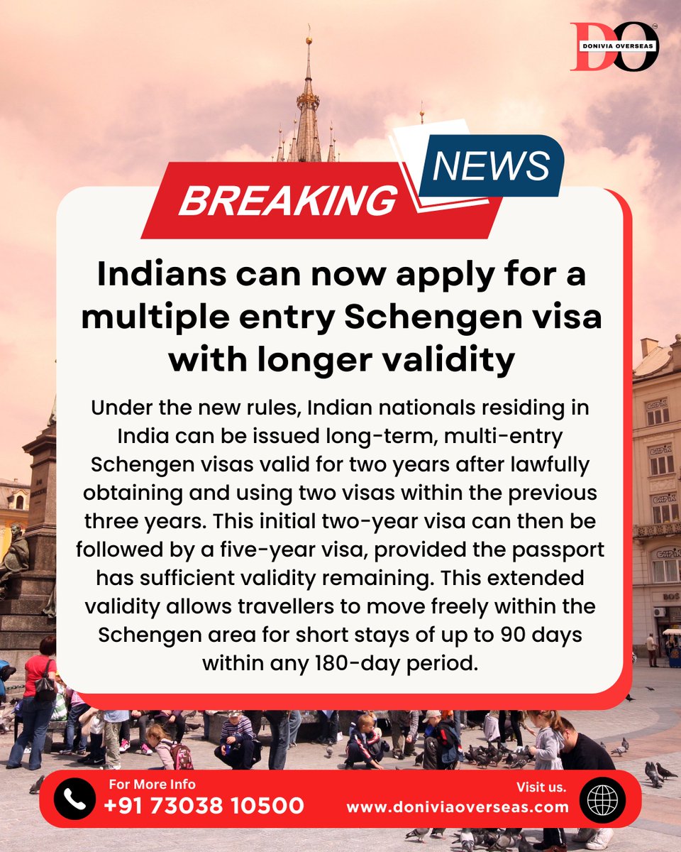 Breaking news for #Indiantravelers! 🇮🇳✈️ Now, applying for a #Schengen  visa just got even better!  You can now enjoy the convenience of a multiple entry #Schengenvisa with extended validity.

For More Info- 🌍 doniviaoverseas.com
.
#doniviaoverseas #immigrationconsultant