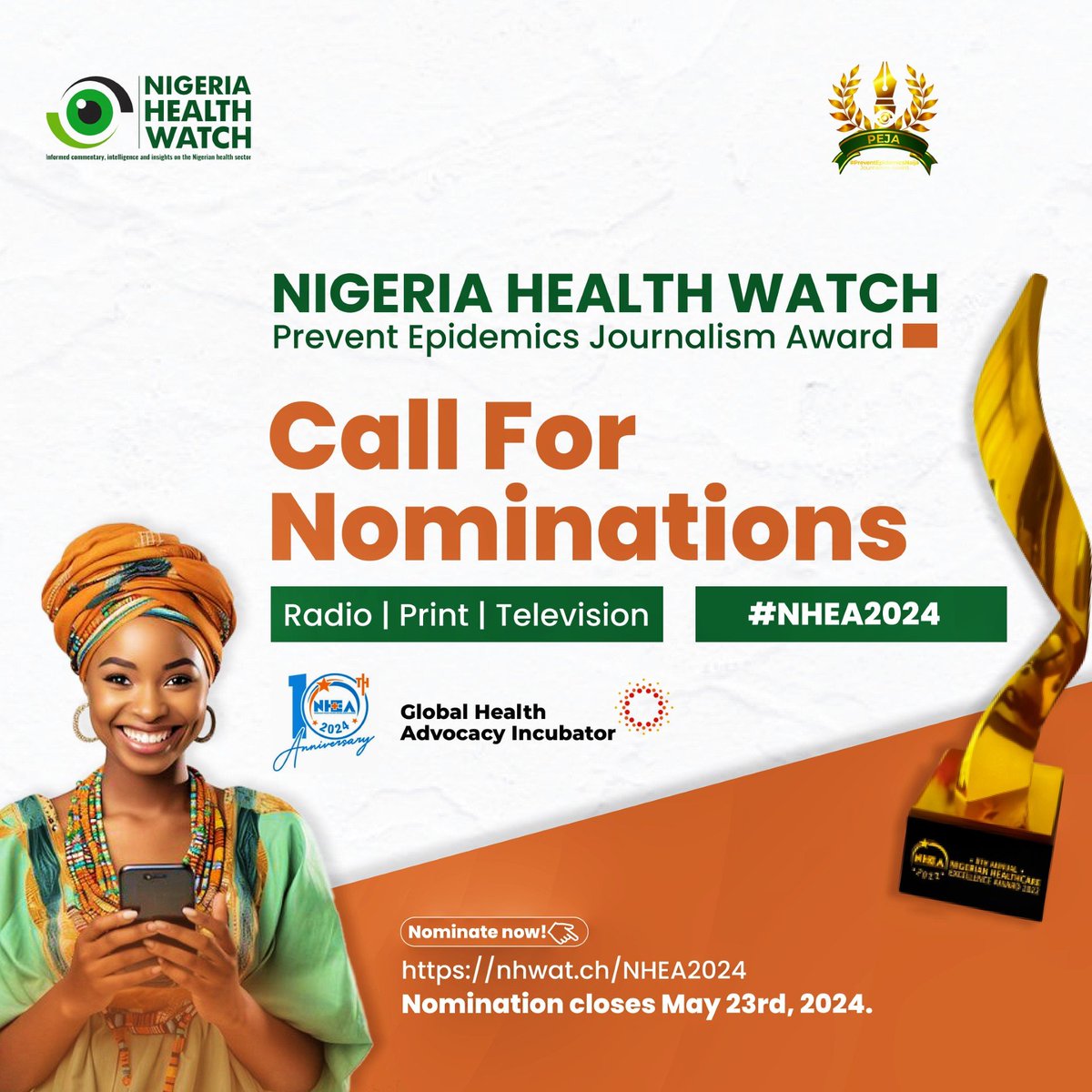 Health journalists are key players in epidemic preparedness & response in Nigeria. We celebrate them annually through the #PEJA. It is that time of the year again & this edition promises to be spectacular. Submit your nomination to win a category. Details nhwat.ch/3OVtRZW