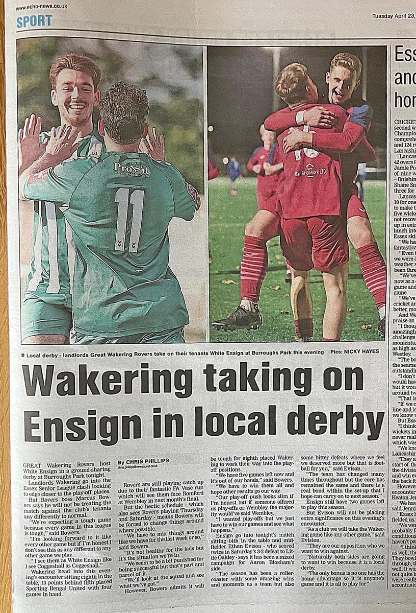 A massive local derby is featured in today's @Essex_Echo by @CJPhillips1982 as tenants @EnsignOfficial host landlords @GWRovers at Burroughs Park in the @EssexSenior tonight. Should be a cracker of a match. #LovePhotography