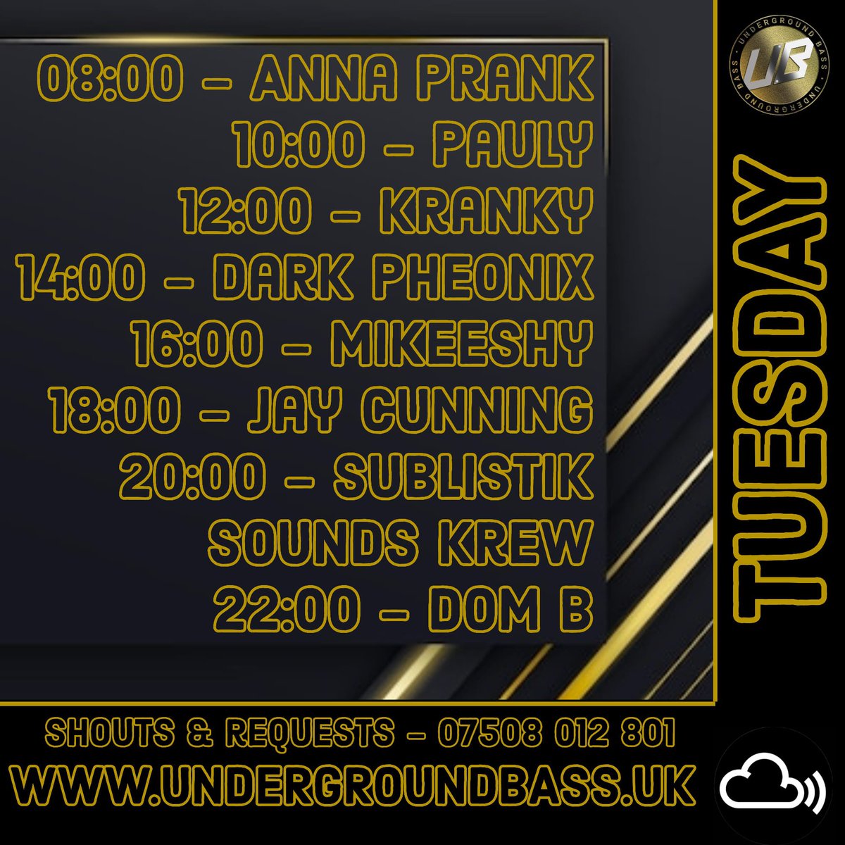 🔥 Tuesdays SELECTORS 🔥

Undergroundbass.uk
Stream - Chatroom - Merchandise 

📲 Studio Line 0750 8012801
Please #RT thanks 🙏