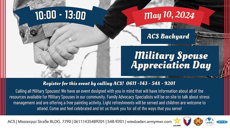 Don't miss this special day for military spouses - May 10 at the Army Community Service courtyard (behind Building 7790 in Hainerberg Housing). Register by calling civ (0611) 143-548-9201. wiesbaden.armymwr.com/calendar/event… #militaryspouse #servingtogether #ACS #MWR