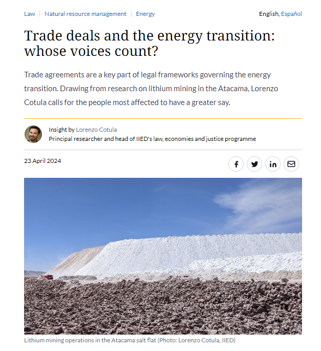 Trade agreements are a key part of legal frameworks governing the energy transition; do they do justice to the rights, concerns and aspirations of the people they most affect? New blog on lithium, trade and Indigenous Peoples in the Atacama: iied.org/trade-deals-en…