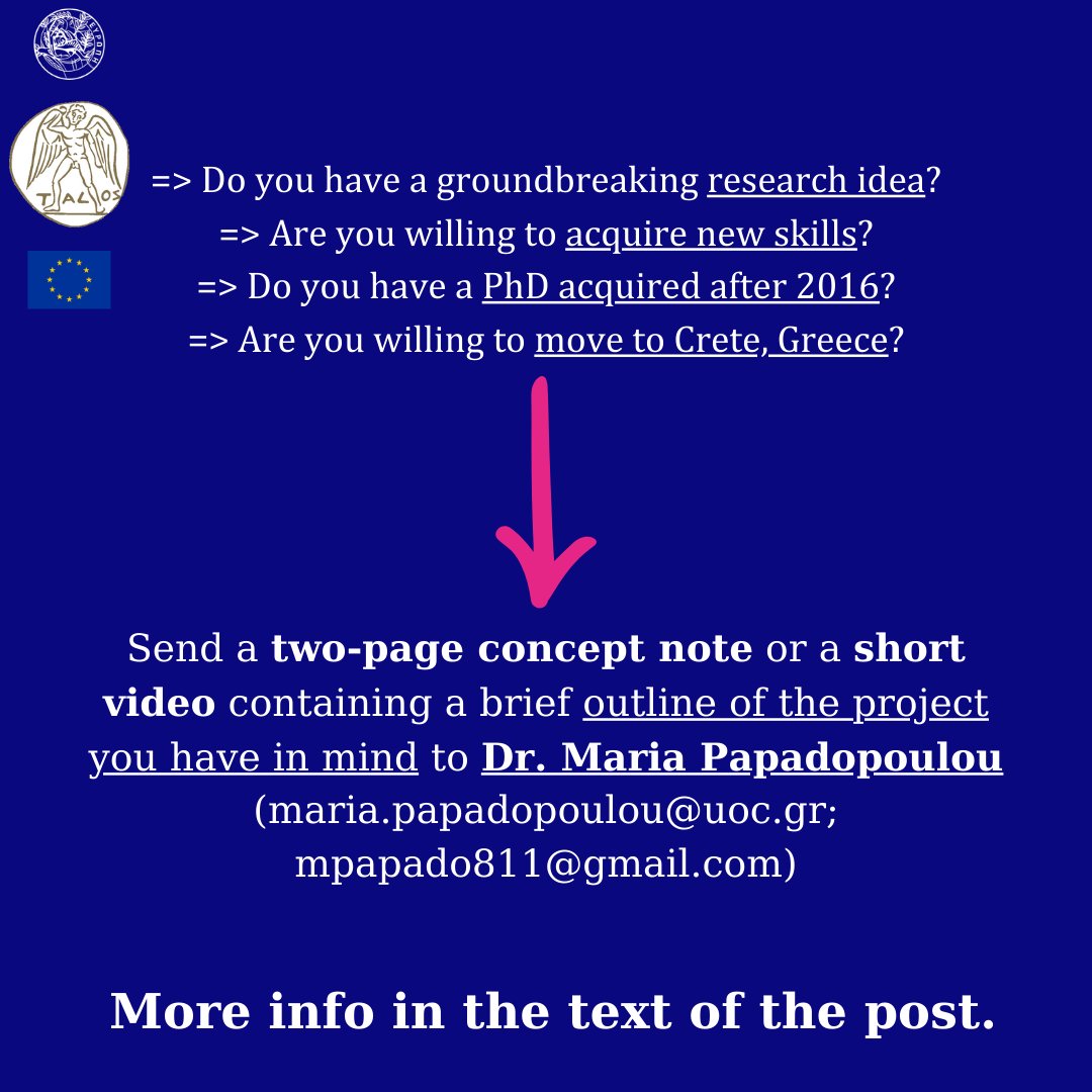 🆘🆘 Marie Curie Postdoctoral Fellowships : call opens 🆘🆘
•
Last chance to submit a concept note for the MSCA PF 2024 May bootcamp organised by Dr. Maria Papadopoulou, Ass. Professor in DH and Classics, University of Crete, TALOS AI for SSH.
•
#DigitalHumanities
#DH
#Talos