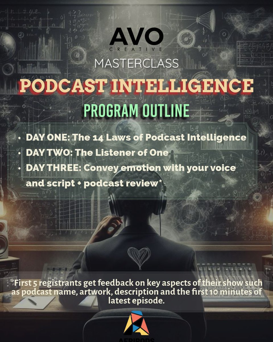 It is here and it's perfect! Come and learn podcast intelligence in this knowledge-packed masterclass organized by @afripods and @iamtheyounggod. The value ✅ The Teacher✅ The Experience ✅ Don't miss out on this. Click on the link to register: new.express.adobe.com/webpage/WuJ0i7…