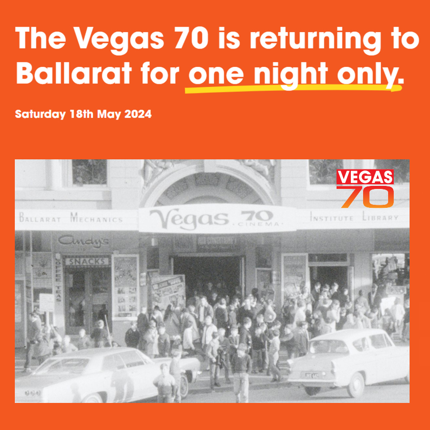 Vegas 70: The good old days are back for one night only. Candy bar will be operating Popcorn, Snacks & Choctops. We will have 2 features: First Session: Willy Wonker and The Chocolate Factory Second Session: Saturday Night Fever vegas70.com.au #ballaratheritage