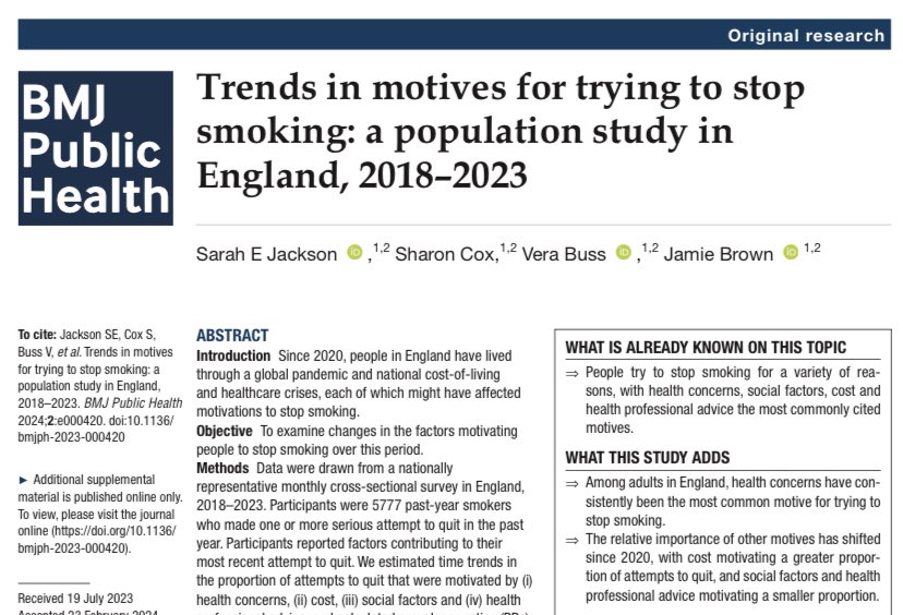 New paper shows there has been an increase in people trying to stop smoking because it’s too expensive since 2020. ~1 in 4 quit attempts by adult smokers in England are now motivated by cost 🧵 bmjpublichealth.bmj.com/content/2/1/e0…