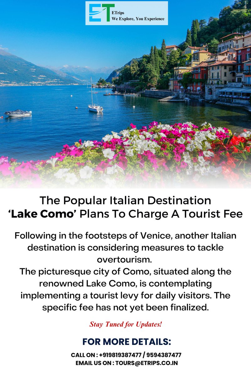 The Popular Italian Destination ‘Lake Como’ Plans To Charge A Tourist Fee
#LakeComo #ItalyTravel #TouristFee #TravelPlans #ExploreItaly #DestinationComo #TravelItaly #Etrips #Flightbooking #Hotelbooking #Tourpackage #Booknow #LakeComoExperience #TravelInspiration #ItalianVacation