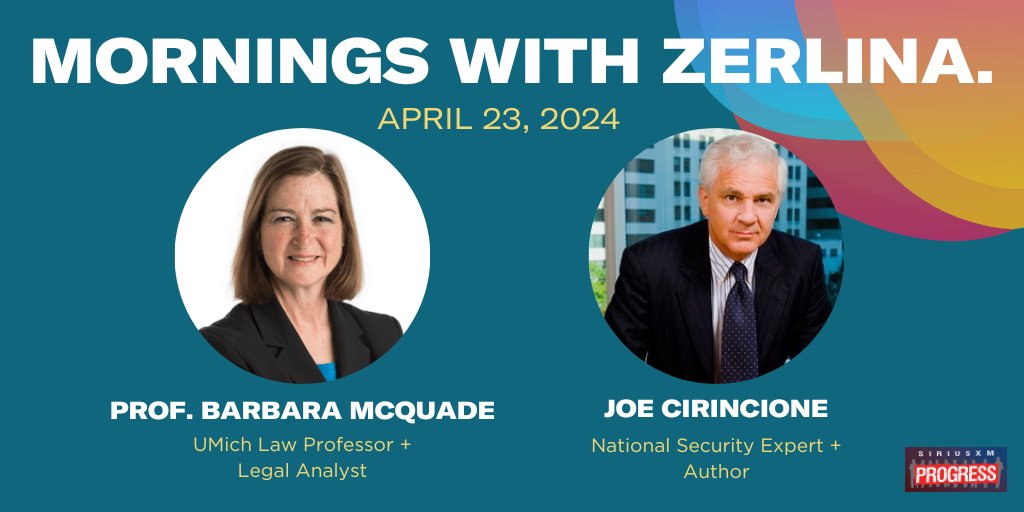 Tuesday tidings! Joining @ZerlinaMaxwell on the show this morning: @UMichLaw Professor, Legal Analyst & Author @BarbMcQuade + National Security Expert, Analyst & Author @Cirincione! 📻@SiriusXMProg Ch. 127 siriusxm.us/Zerlina