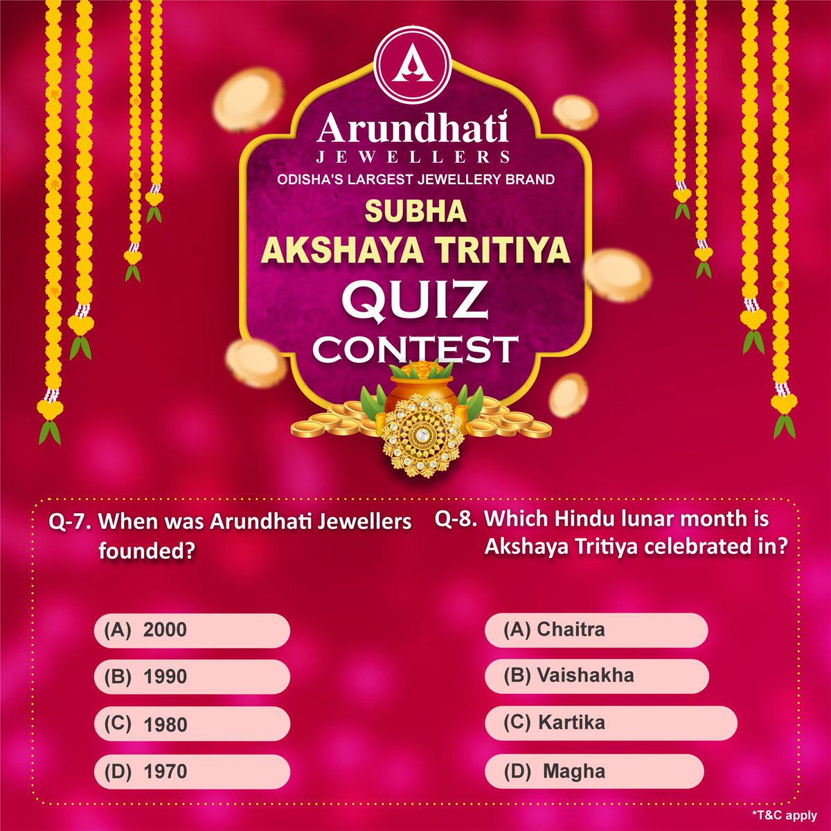 𝐆𝐞𝐭 𝐑𝐞𝐚𝐝𝐲 𝐭𝐨 𝐖𝐢𝐧 𝐁𝐢𝐠 𝐰𝐢𝐭𝐡 𝐀𝐫𝐮𝐧𝐝𝐡𝐚𝐭𝐢 𝐉𝐞𝐰𝐞𝐥𝐥𝐞𝐫𝐬!🎉
Are you ready for an exciting challenge and the chance to win amazing surprises? Arundhati Jewellers invites you to participate in our exciting Quiz Contest!