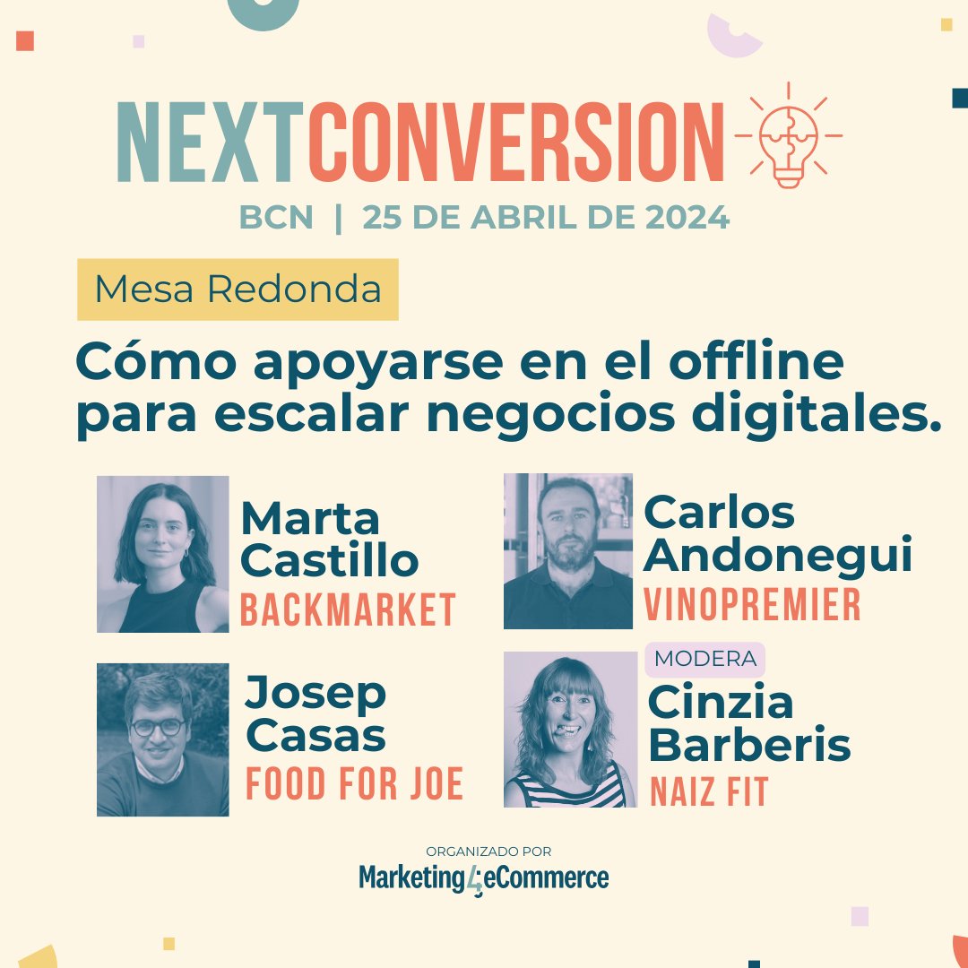 🛒13:00h Mesa redonda. Cómo escalar tu negocio digital offline: tienda propia vs wholesale. Con:

⚡Carlos Andonegui, de <a href="/Vinopremier/">Vinopremier.com</a> 
⚡<a href="/pepcasas/">Josep Casas</a>, CEO de Food for Joe
⚡Marta Castillo, de <a href="/backmarket/">Back Market</a> 
🗣️ Cinzia Barberis, de <a href="/NaizFit/">Naiz Fit</a>