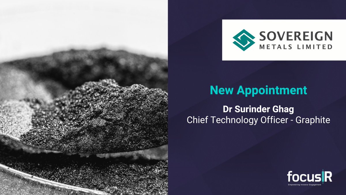 _focusIR_'s tweet image. Dr Surinder Ghag joins @sovereignmetals as Chief Technology Officer-Graphite as the Company embarks on a journey to become a global leader in natural flake graphite production for EV battery production.

#SVML #Graphite #Mining