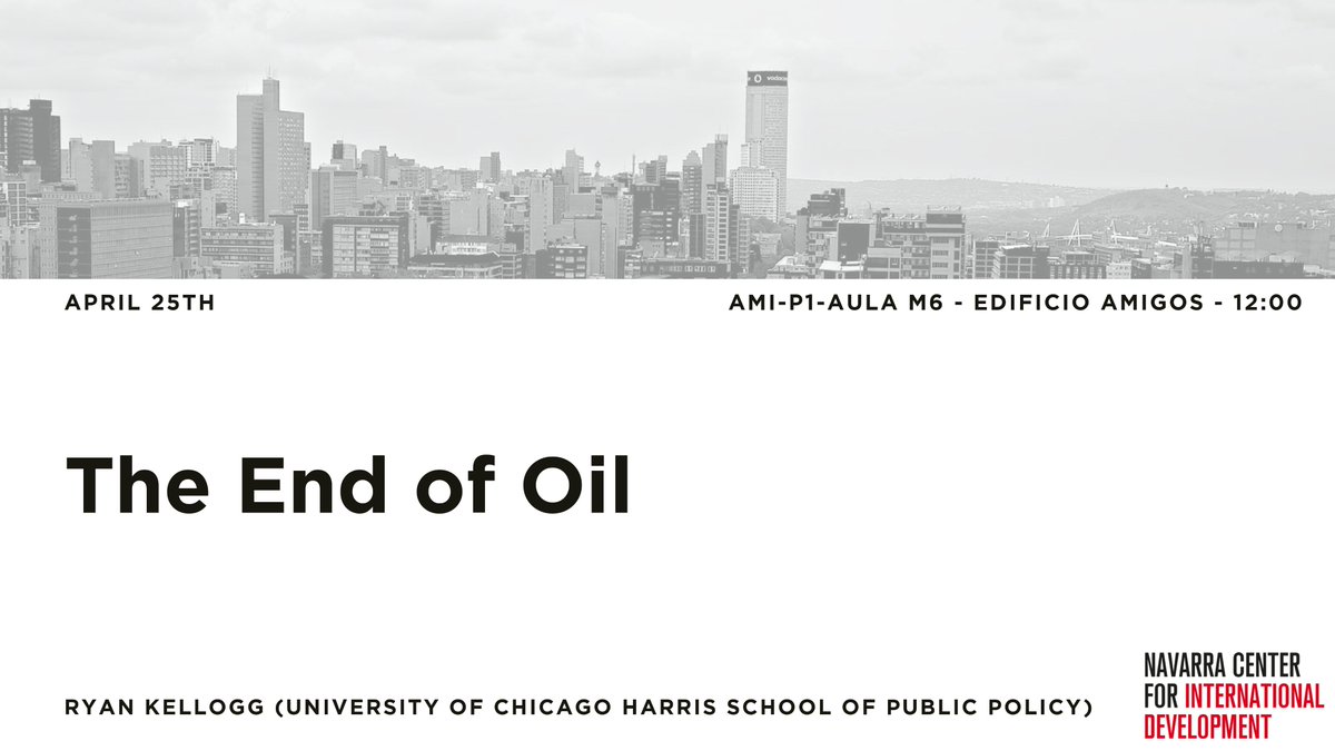 🗣️New Seminar! @RyanMKellogg (@UChicago - @HarrisPolicy) will present his paper about 'The End of Oil'. 📍AMI-P1-Aula M6-Edificio Amigos 🕛12:00 🗓️Thursday 25 April For more information: ncid.unav.edu/es/events/end-…