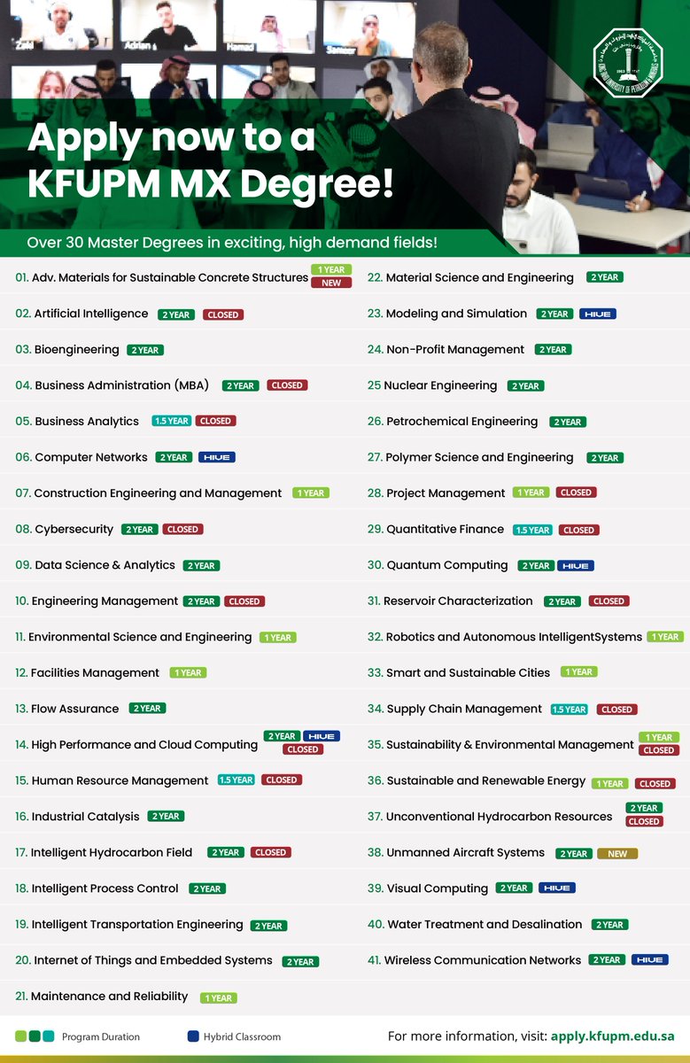 Get ready to achieve your aspirations and enhance your professional skills! The Master's MX program at #KFUPM offers you 41 industry-linked programs in various fields, meeting the demands of the job market. Your academic journey begins now! Apply here: Apply.kfupm.edu.sa