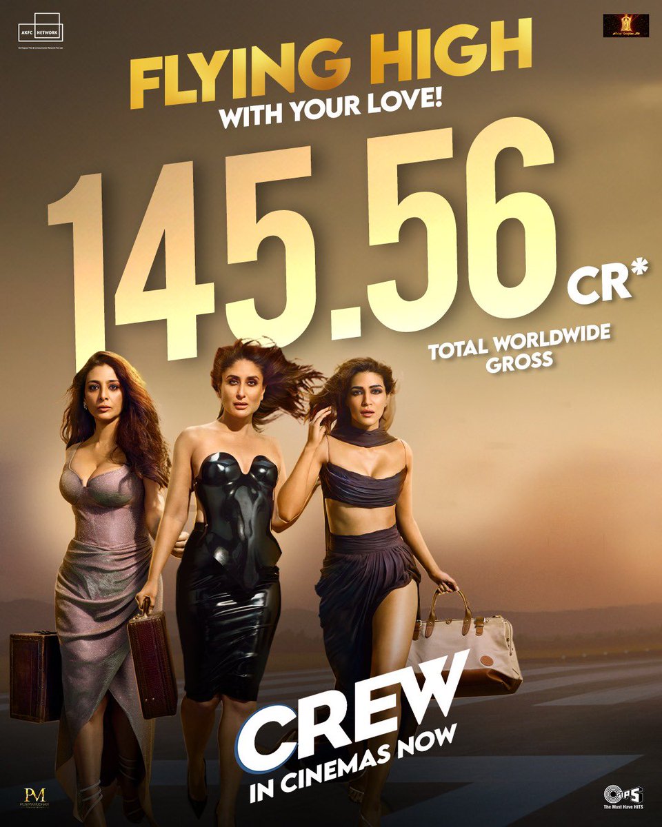 #Crew continues to fly high! Collects 15 Cr. India net in 3rd week and  4.70 Cr. India net in its 4th week! Total gross worldwide amounted to 145.56 Cr! @EktaaRKapoor