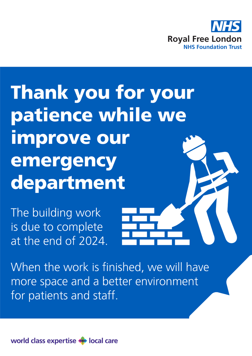 The emergency department at Barnet Hospital is currently being redeveloped. Thank you for your patience while building work continues. It is expected to be complete at the end of the year. Read more about the exciting work underway at Barnet Hospital 👇 royalfree.nhs.uk/news/exciting-…