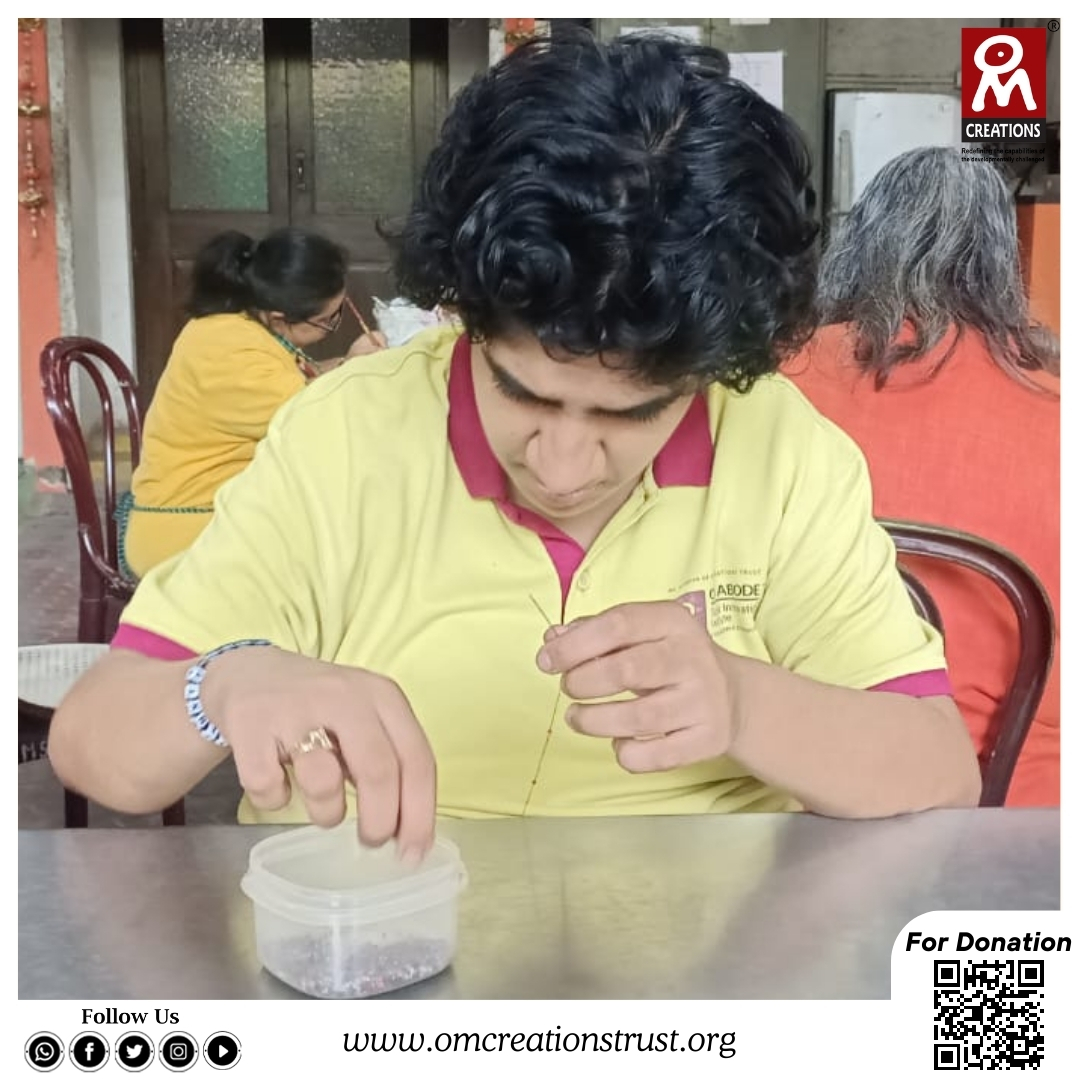 Our Talented Artisan Akriti creating stunning beaded chains.
#omcreationstrust #OmCreation #OmAbode #chain #autism #downsyndrome #ngo #mumbaingo #supportngo #speciallyabled #differentlyabled