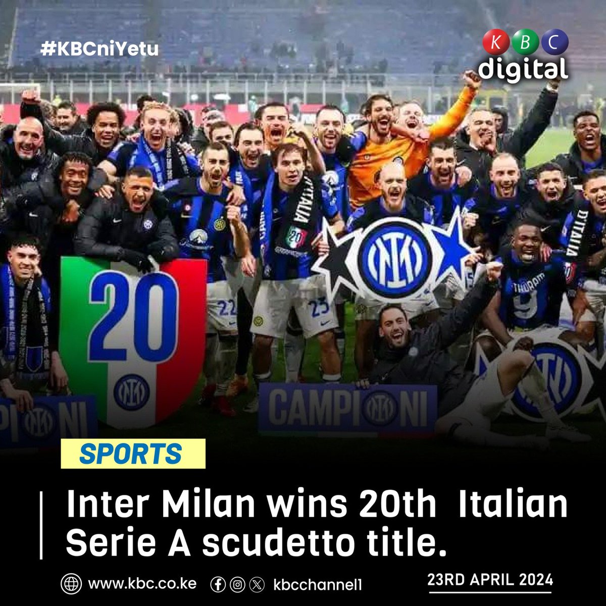 Inter Milan wins 20th Italian Serie A scudetto title. #KBCniYetu ^RO