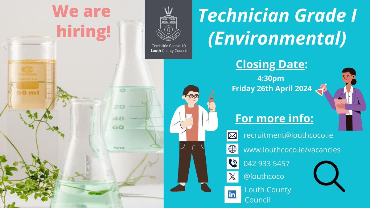 Have knowledge, understanding and interest in the natural environment? 3 days left to apply for Technician Grade I (Environmental). Closes 4:30pm Fri 26th Apr ‘24. Apply now at buff.ly/4aFCMaf @Louthchat #LouthJobs #YourCouncil